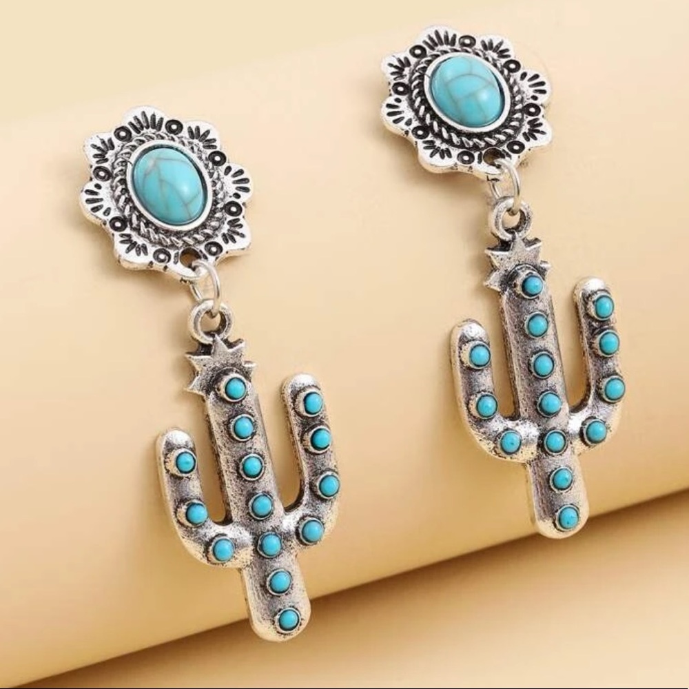 Turquoise and Silver Cactus Earrings